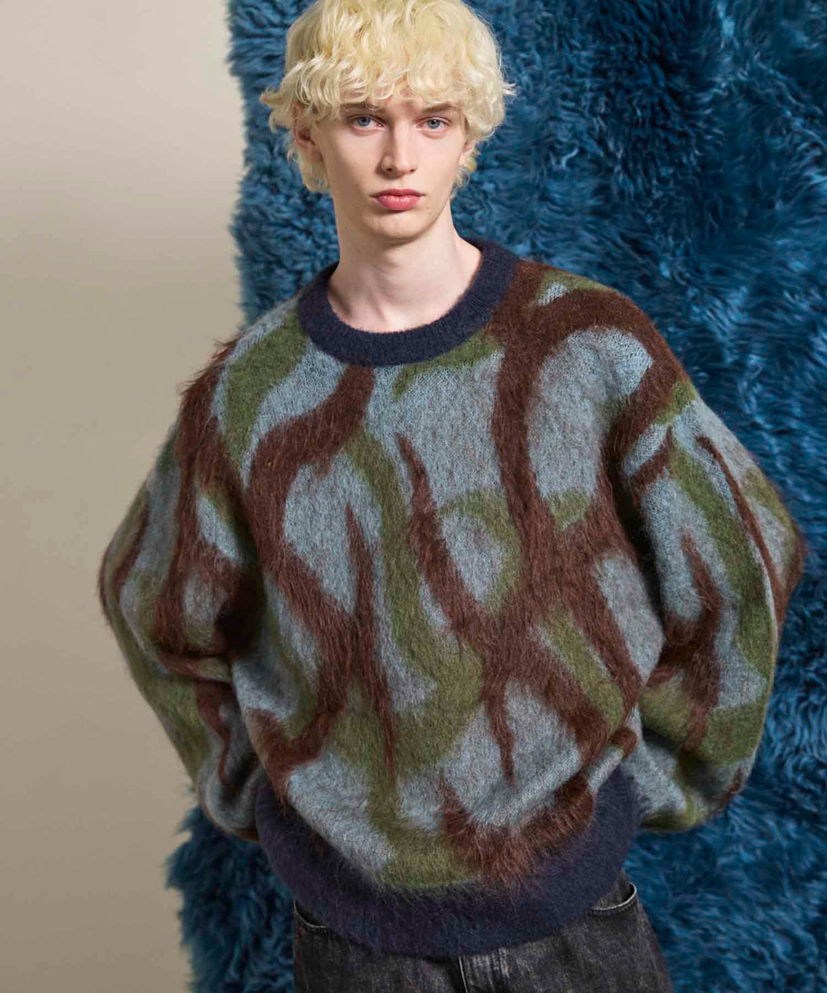 Tribal Pattern Mohair Shaggy Prime-Over Knit Pullover