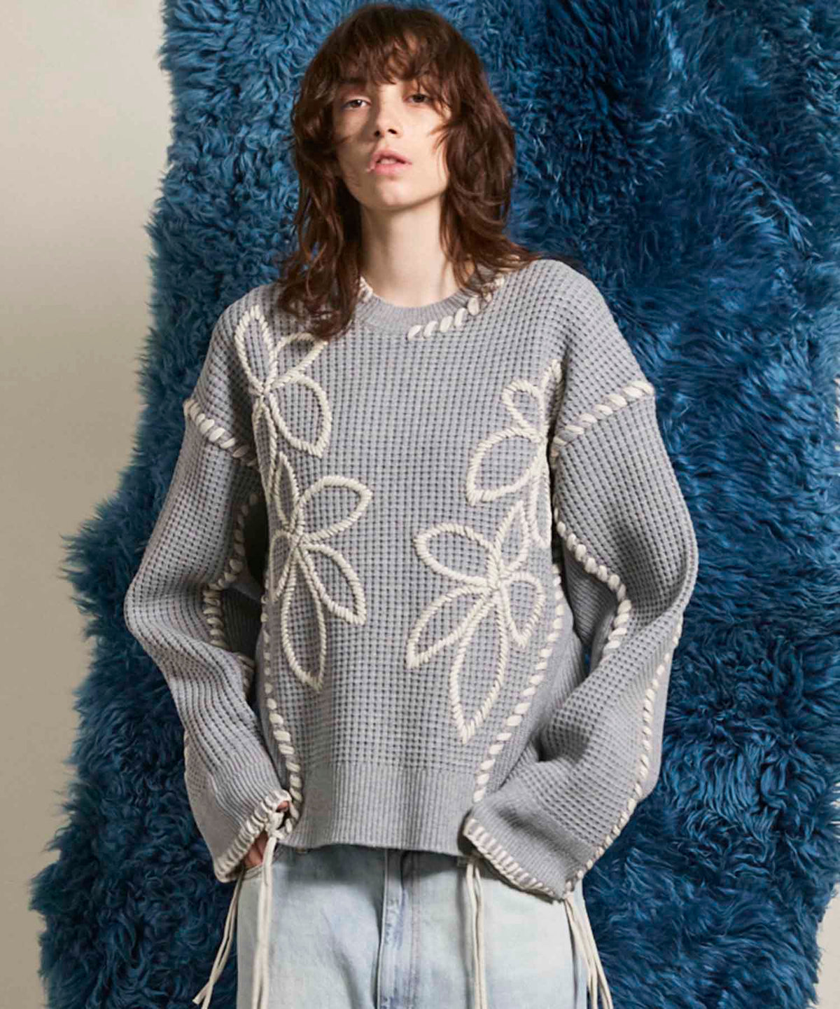 Oni-Waffle Flower Embroidery Prime-Over Crew Neck Knit Pullover