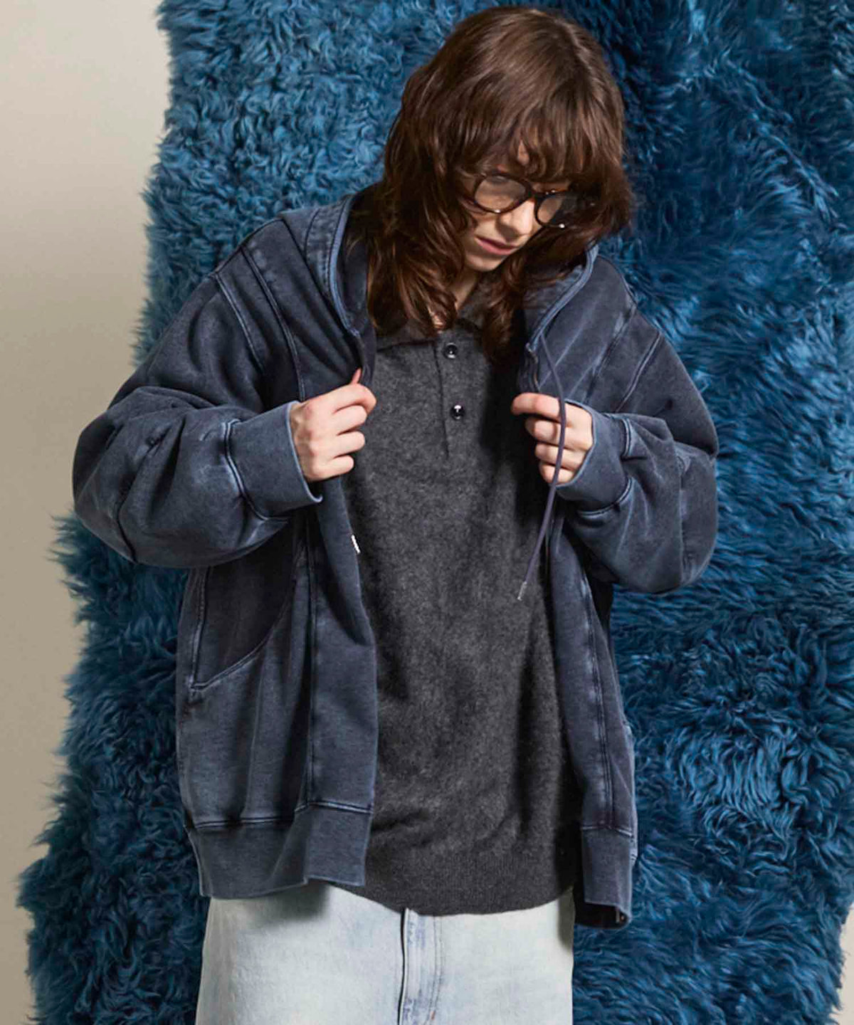 Piping Switching Prime-Over Pigment-dye ZIP Hoodie