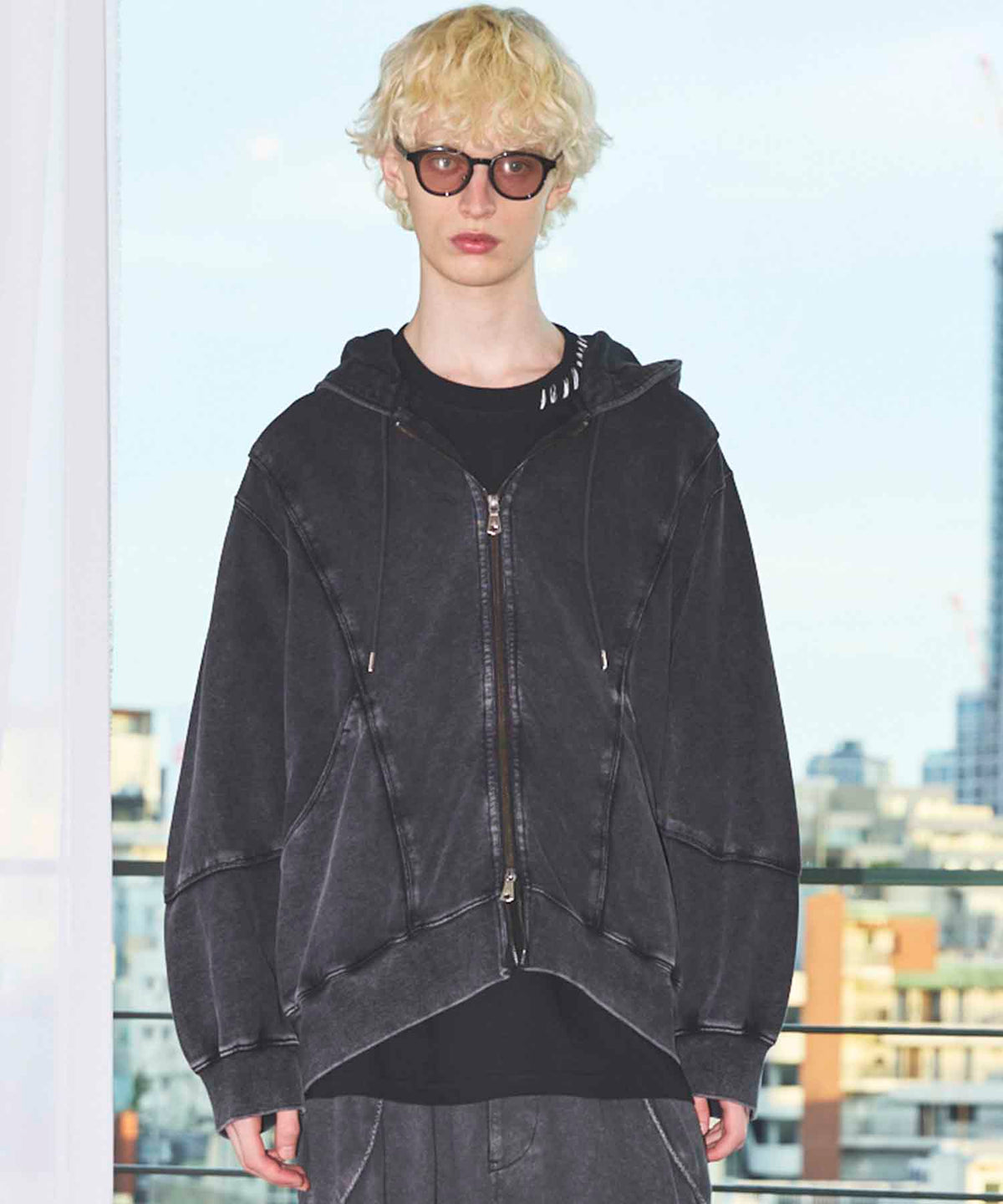 Piping Switching Prime-Over Pigment-dye ZIP Hoodie