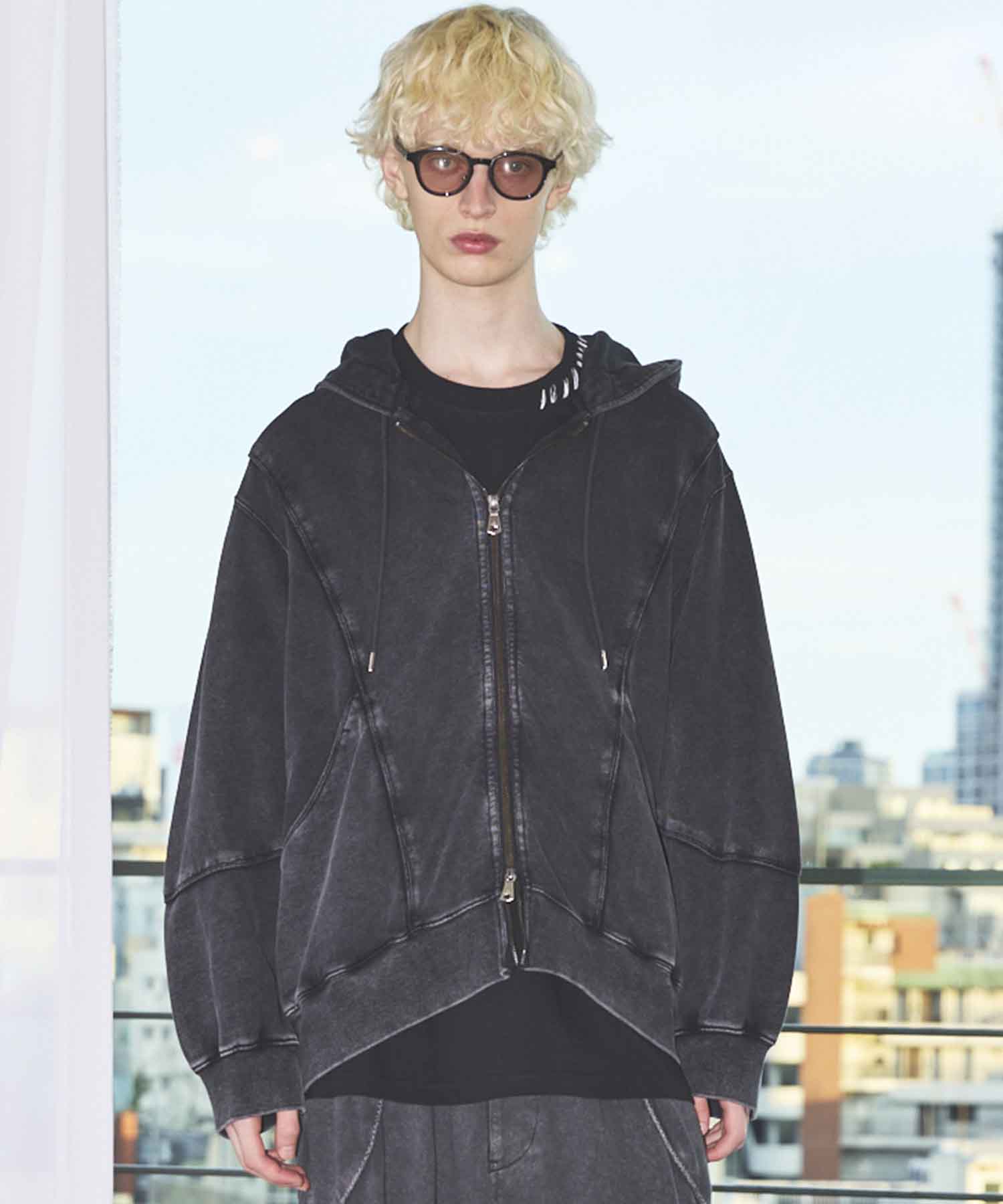 めい Piping Switching Prime-Over Pigment-dye ZIP Hoodie