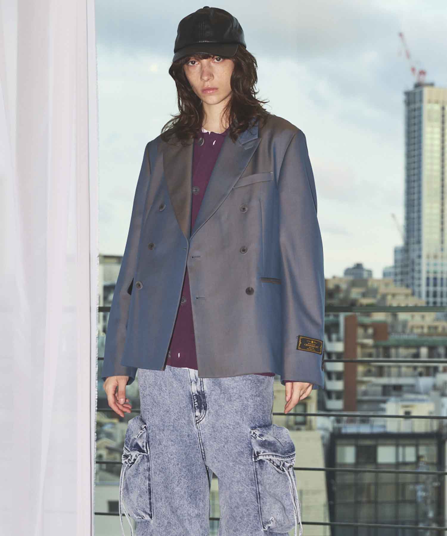 4 색 샹 브레이 세탁 가능한 양모 피크 라펠 더블 가슴 재킷