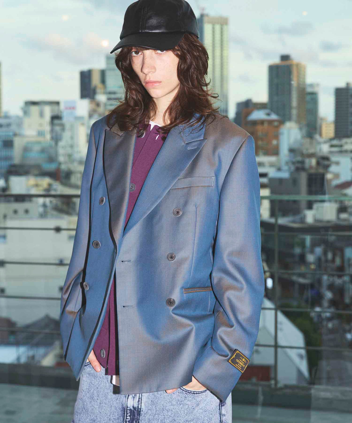 4 Colors Chambray Washable Wool Peaked Lapel Double Breasted Jacket