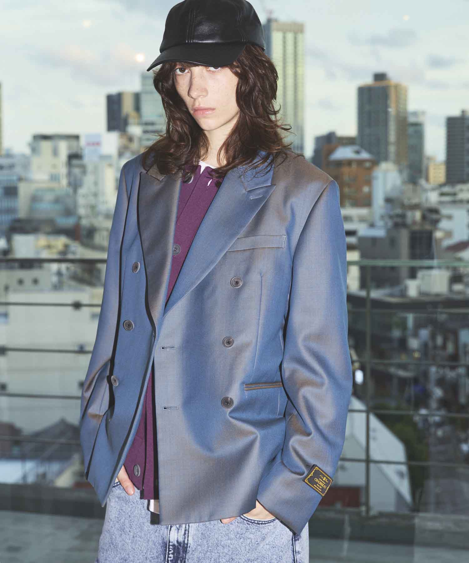 4 색 샹 브레이 세탁 가능한 양모 피크 라펠 더블 가슴 재킷