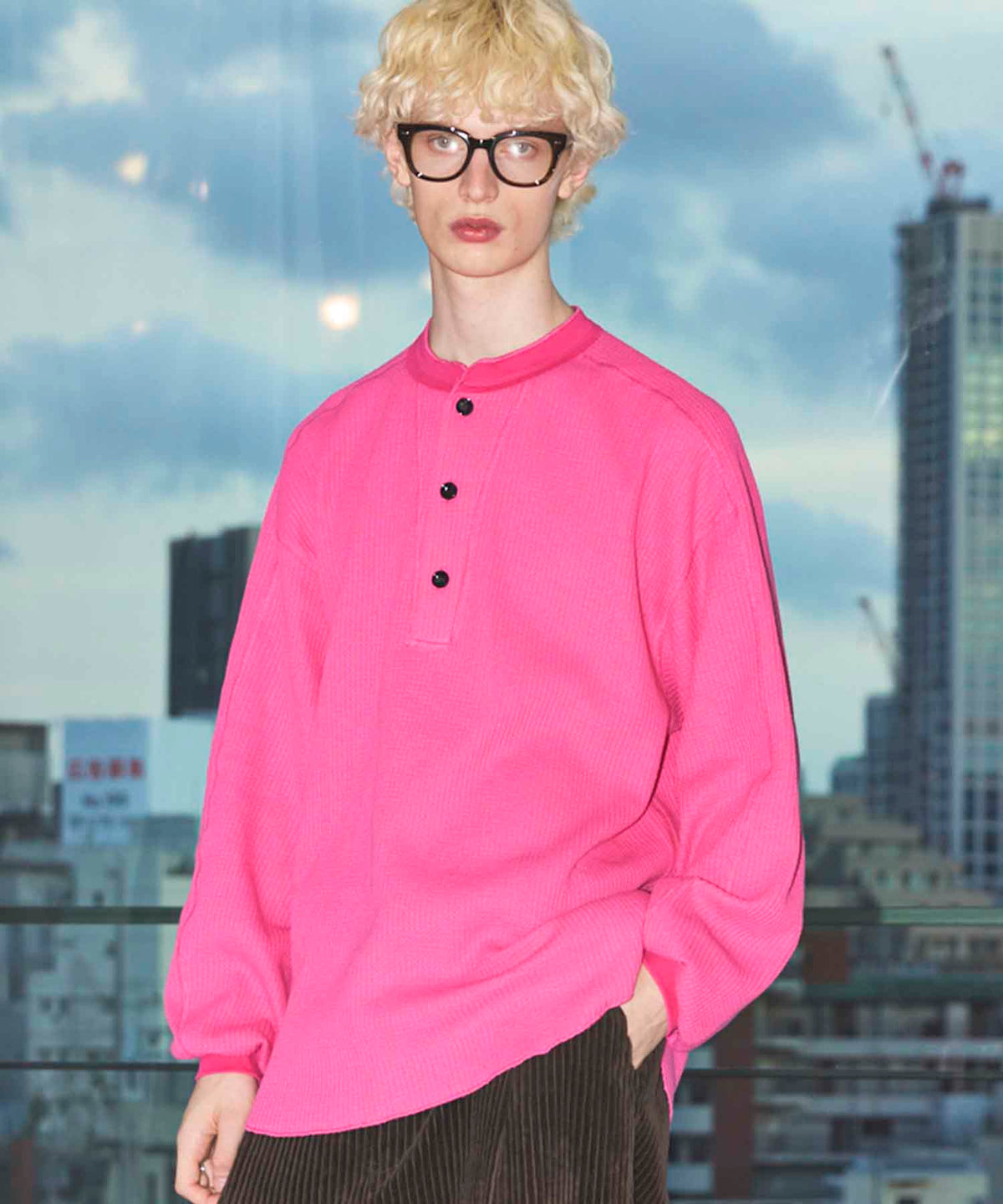 Prime-Over Henry Neck Long Sleeve Waffle T-Shirt