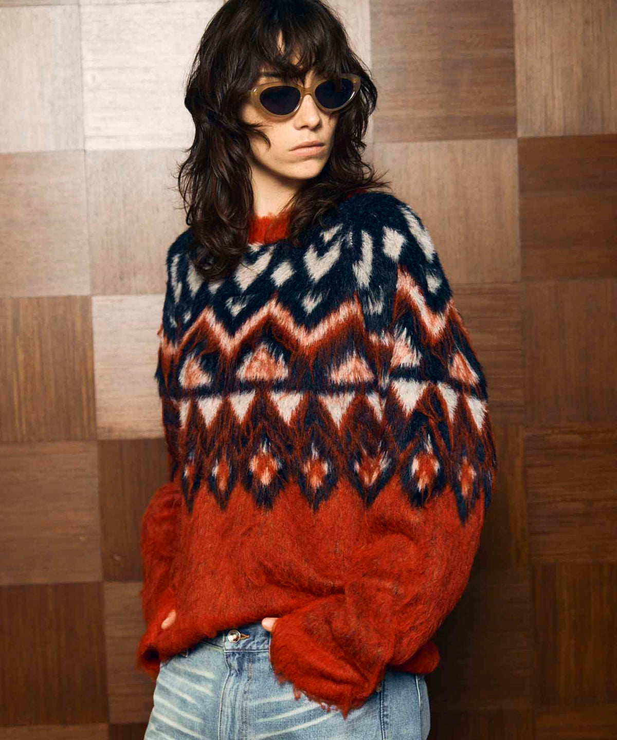 Fair Isle Shaggy Mix Jacquard Knit Pullover