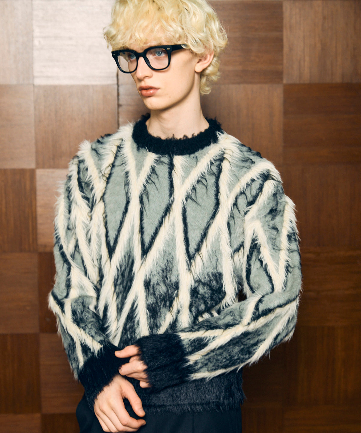 7G Shaggy Jacquard Diamond Pattern Argyle Prime-Over Crew Neck Knit Pullover