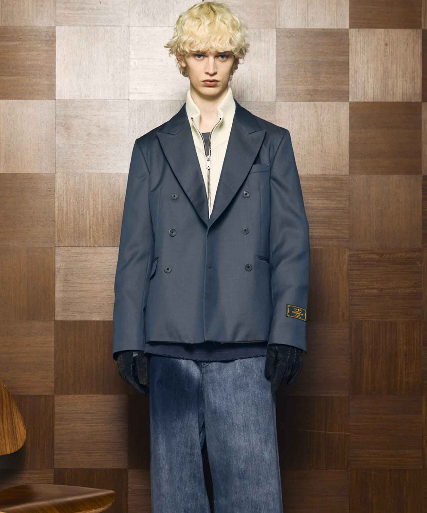 4 색 샹 브레이 세탁 가능한 양모 피크 라펠 더블 가슴 재킷