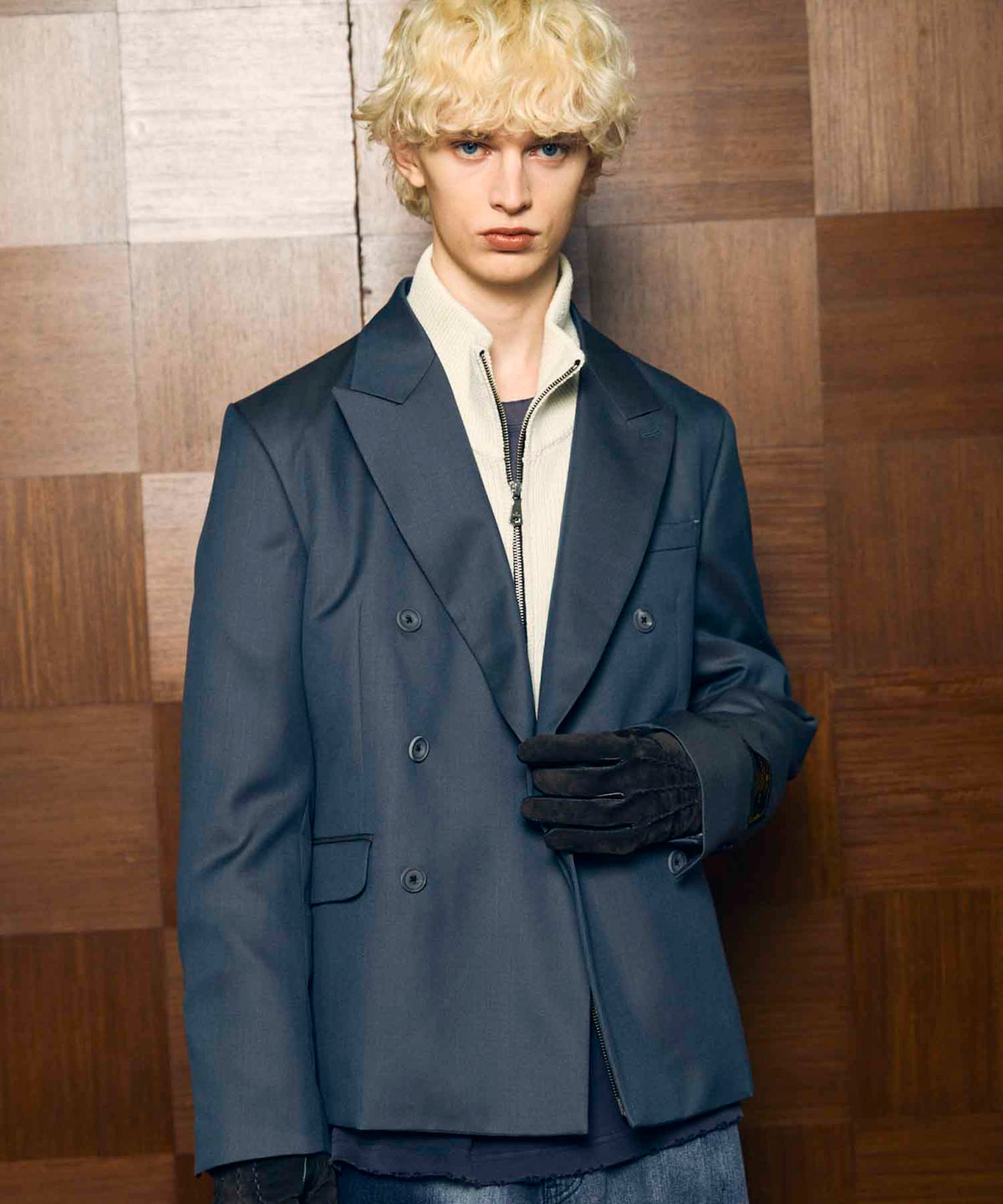 4 Colors Chambray Washable Wool Peaked Lapel Double Breasted Jacket