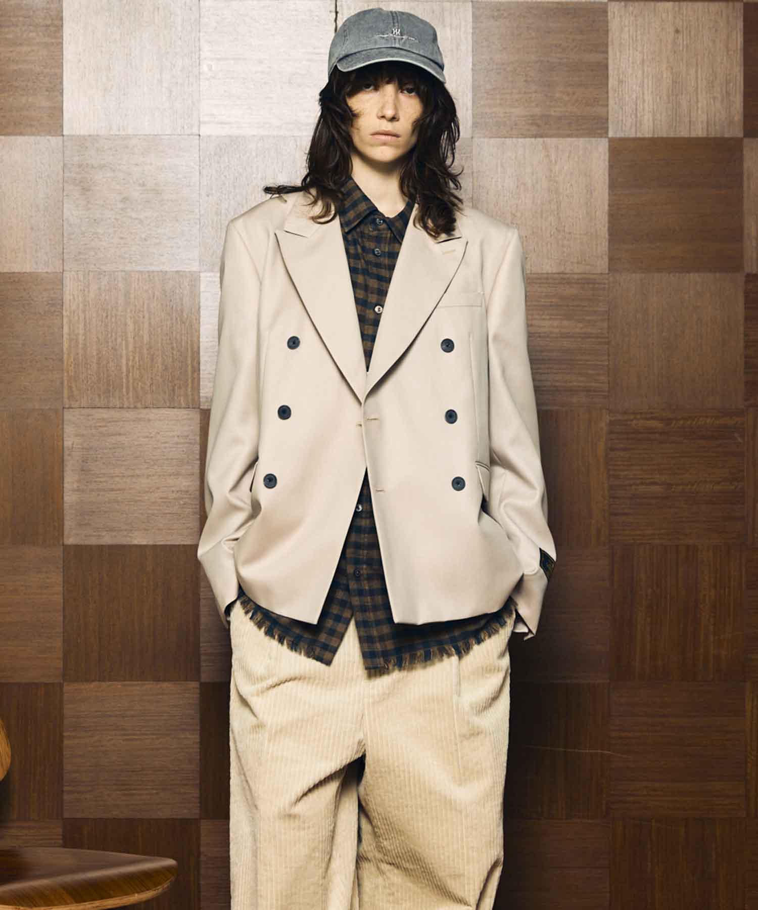 4 색 샹 브레이 세탁 가능한 양모 피크 라펠 더블 가슴 재킷