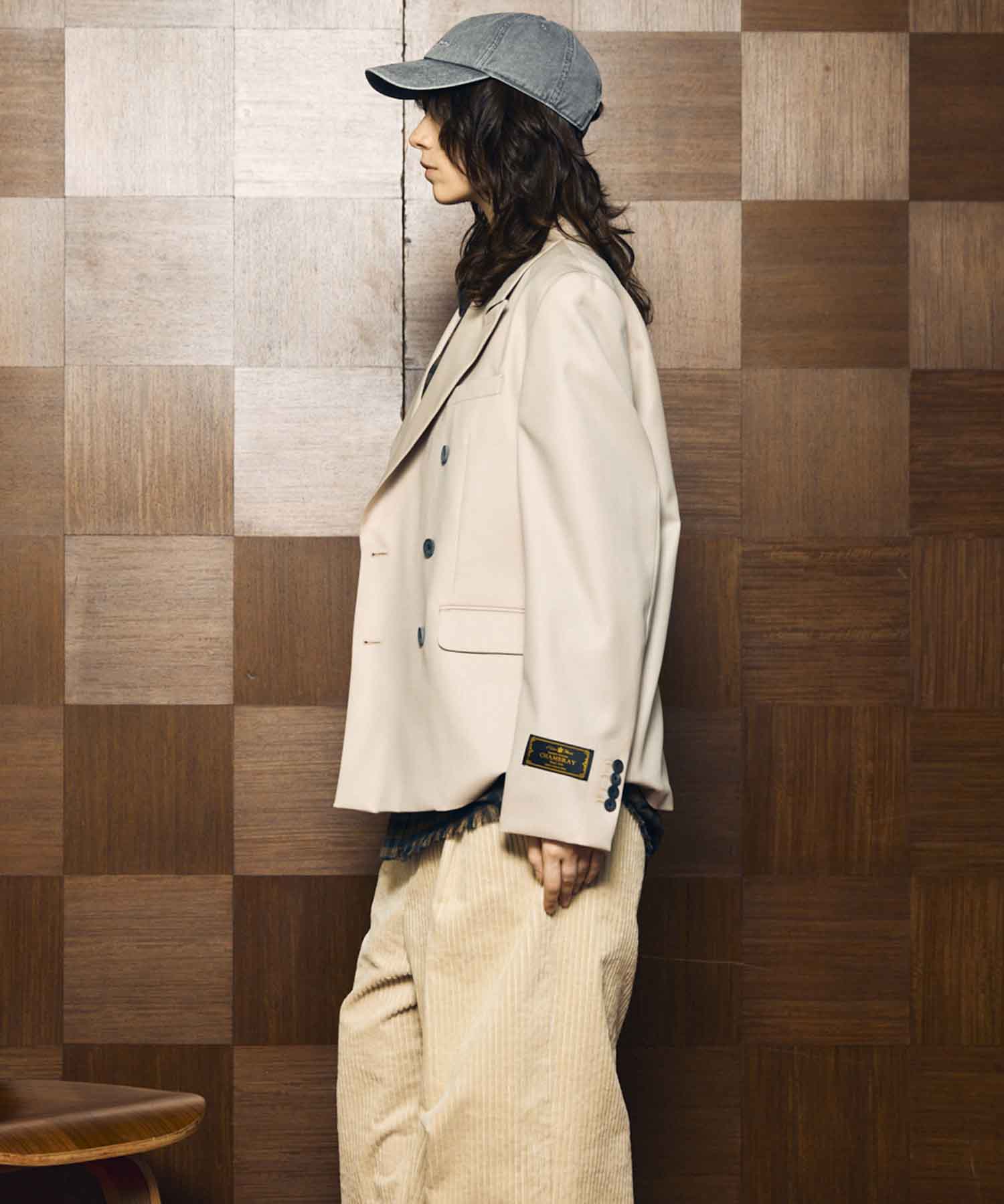 4 색 샹 브레이 세탁 가능한 양모 피크 라펠 더블 가슴 재킷