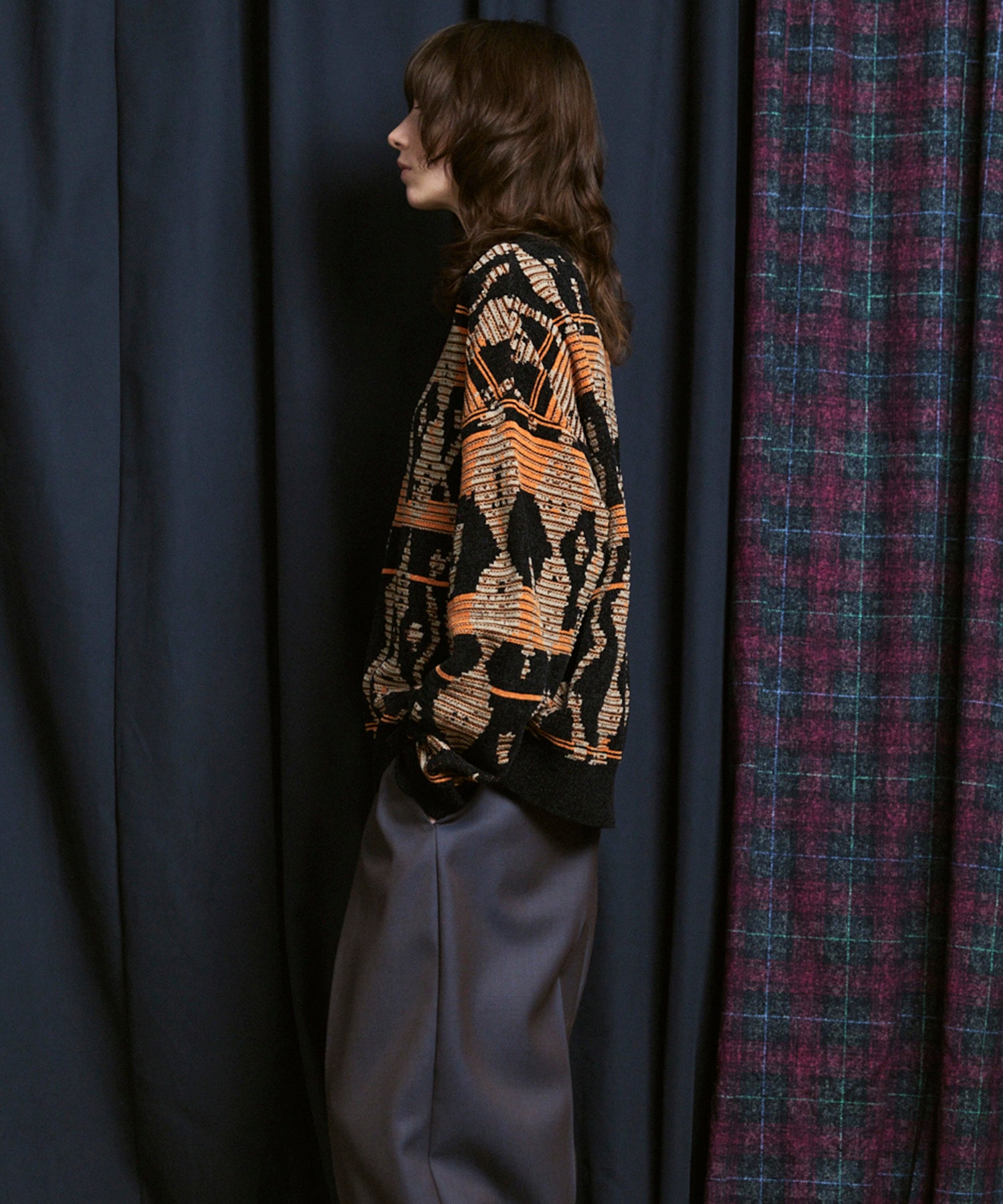 [25AW PRE-ORDER] Rug Pattern Mall Yarn Jacquard Prime-Over Crew Neck Knit Pullover