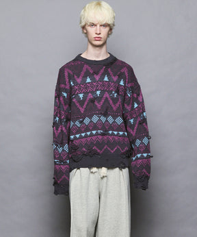 [25AW PRE-ORDER] Nordic Damage Jacquard Prime-Over Crew Neck Knit Pullover