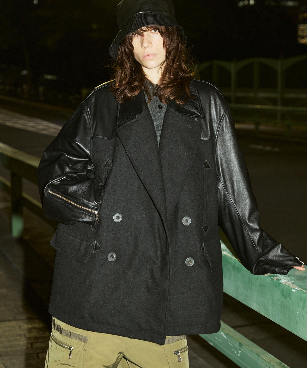 Sheep Leather Melton Combination Pea Coat