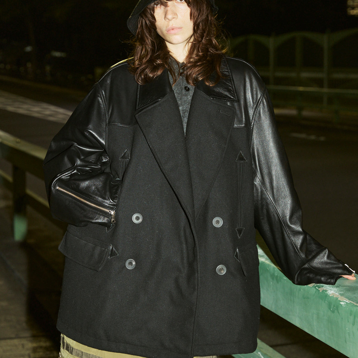 Sheep Leather Melton Combination Pea Coat