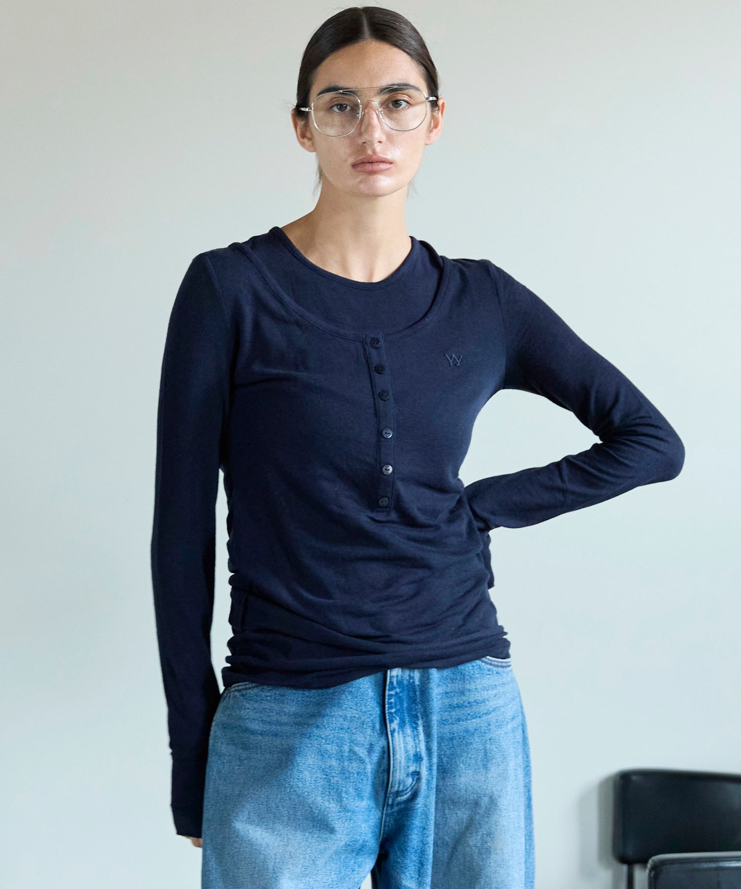 【OPEN YY】Knitted LAYERED HENLEY LOUNGE TEE