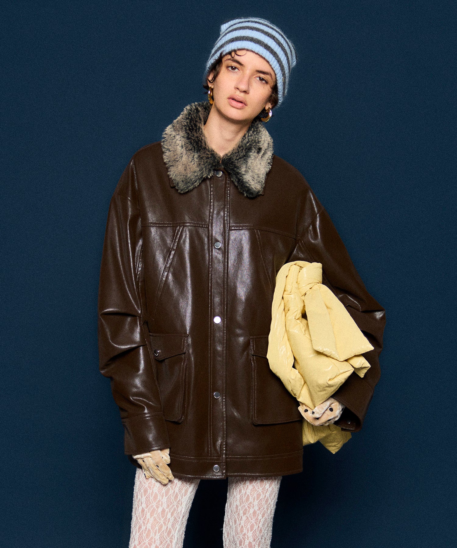 [25AUTUMN PRE-ORDER] Fur Collar Vegan Leather Middle Blouson