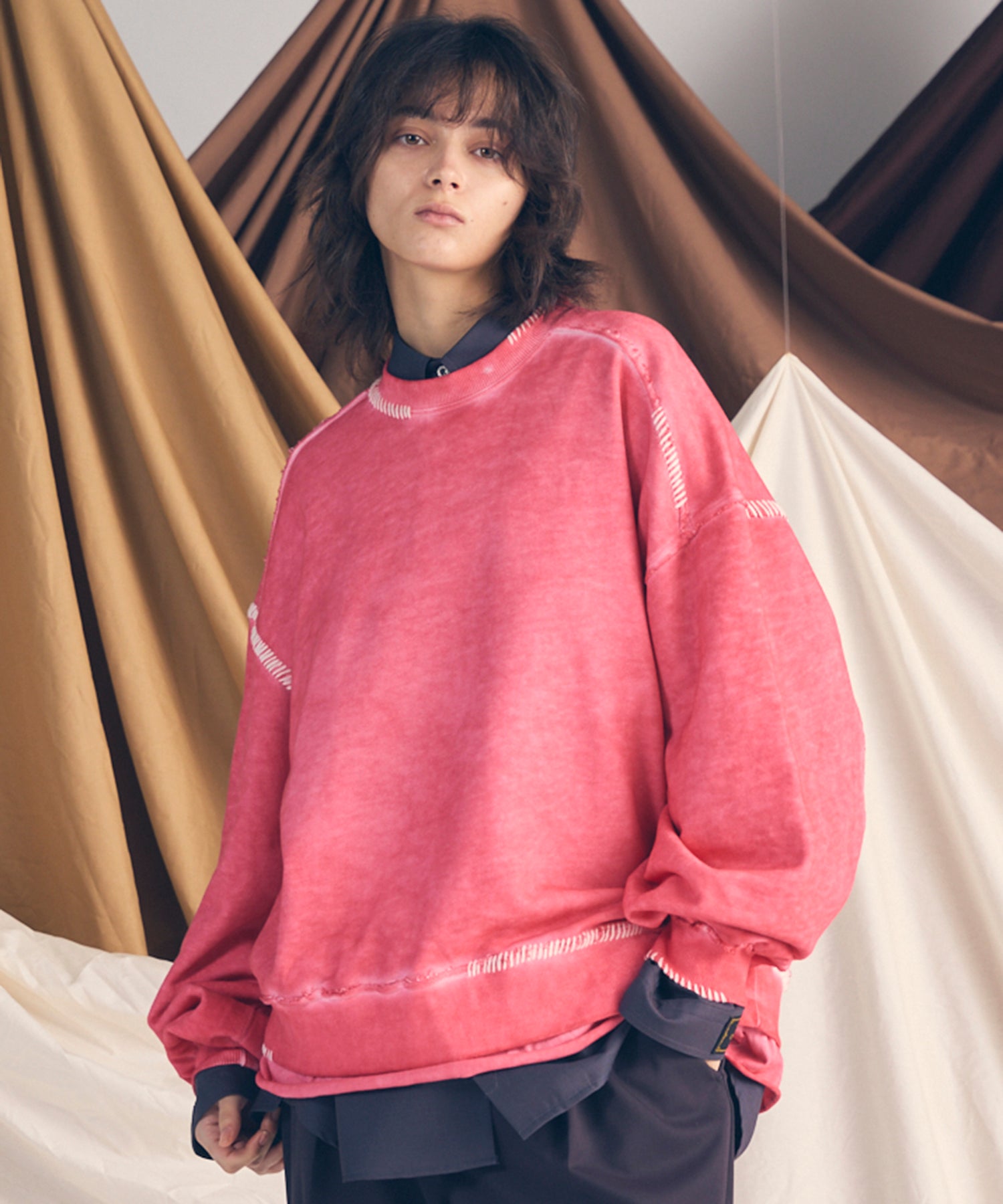 Heavy-Weight Sweat Embroidery Damage Over-Dye Crew Neck Pullover