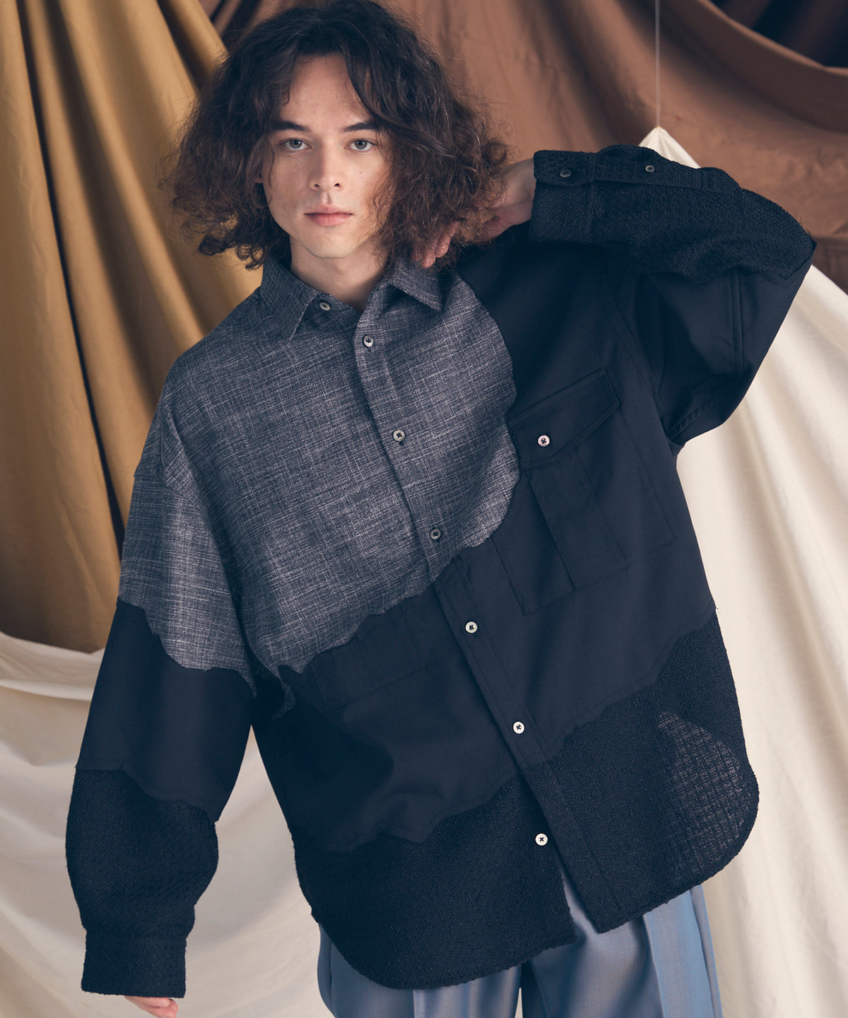 Zigzag Different Material Docking Prime-Over Shirt