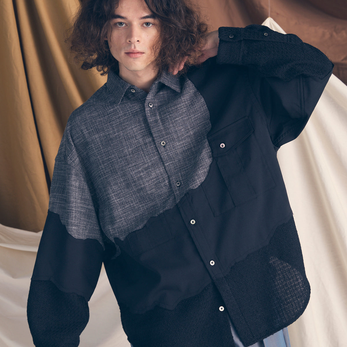 Zigzag Different Material Docking Prime-Over Shirt