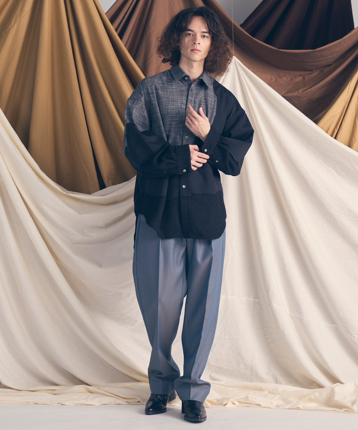 Zigzag Different Material Docking Prime-Over Shirt