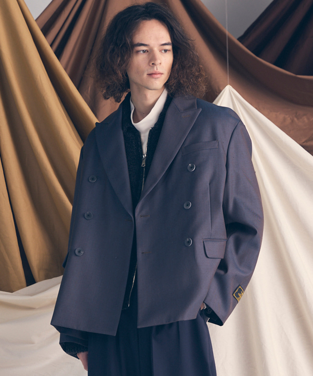 4 Colors Chambray Washable Wool Prime-Over Peaked Lapel Double Breasted Jacket