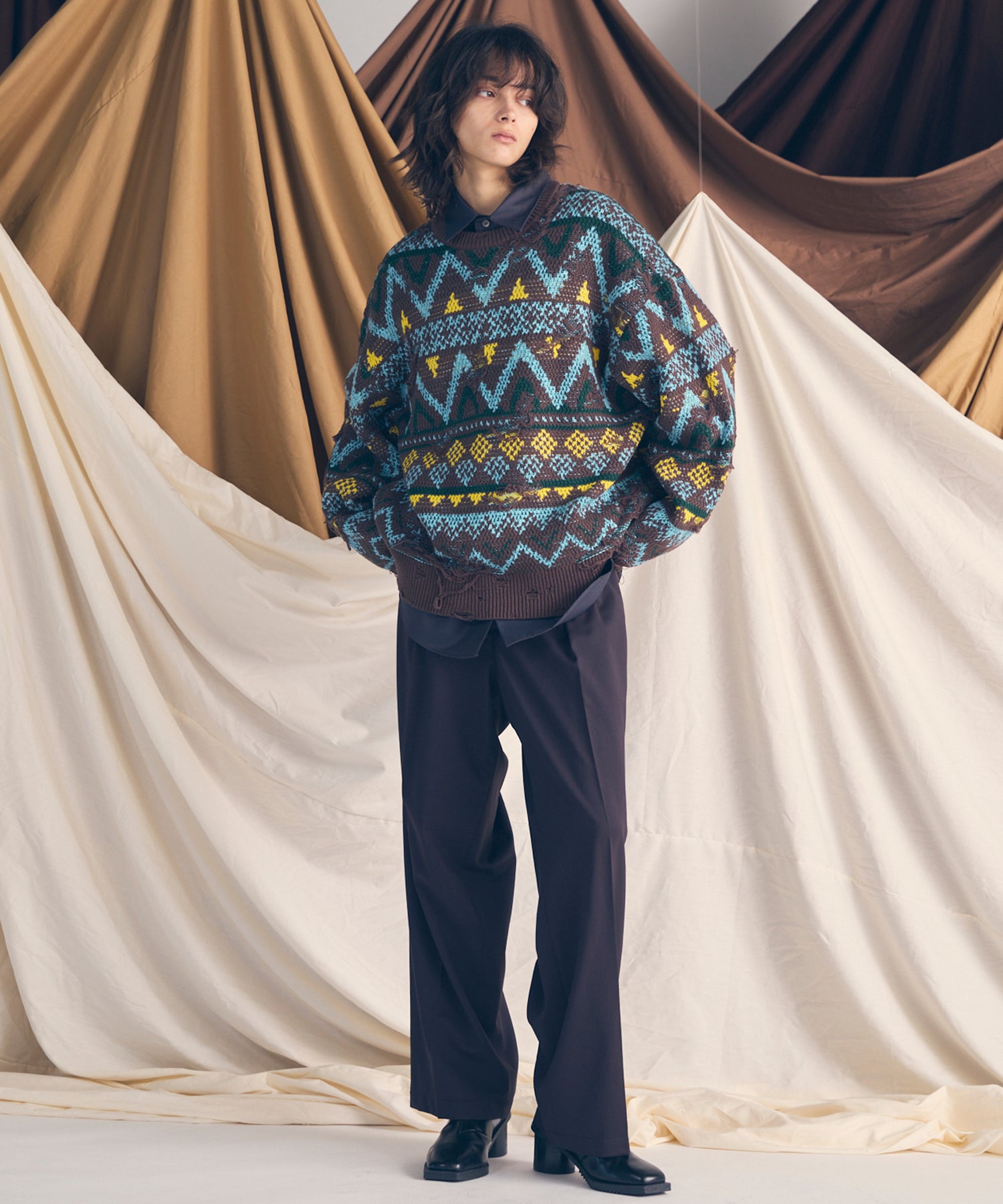 [25AW PRE-ORDER] Nordic Damage Jacquard Prime-Over Crew Neck Knit Pullover