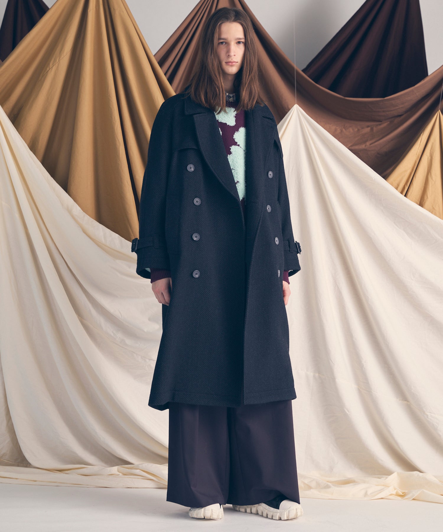 羊毛混合光滑的宽宽松裤子