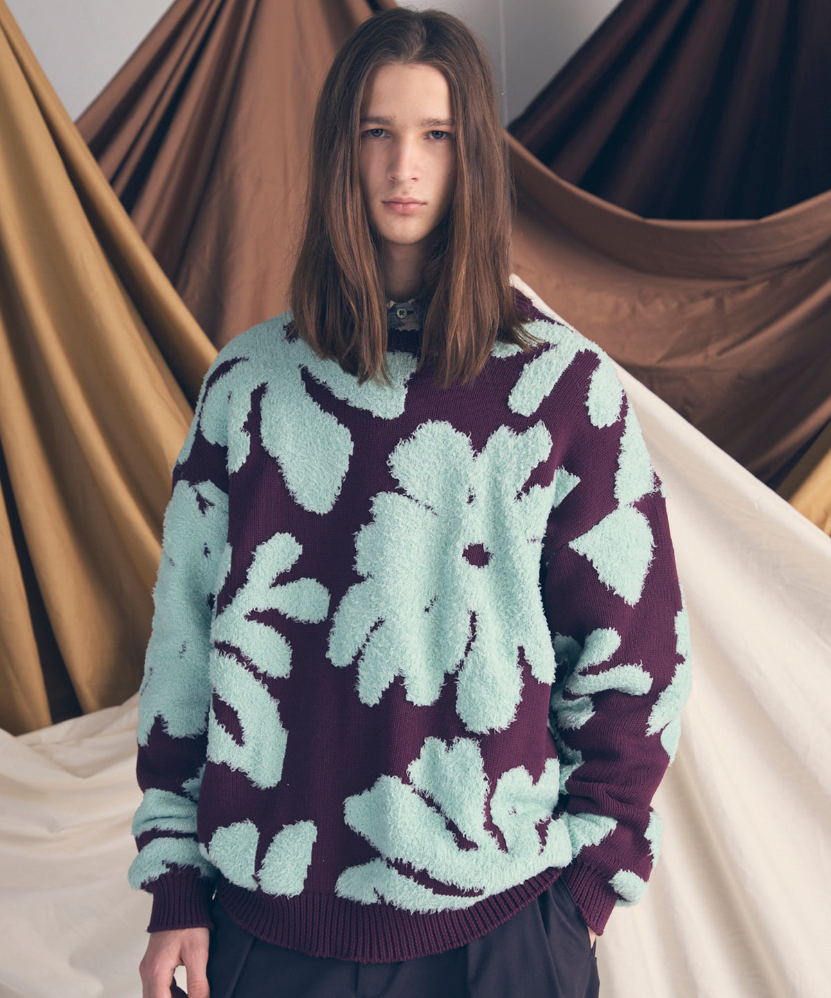 Botanical Jacquard Prime-Over Crew Neck Knit Pullover