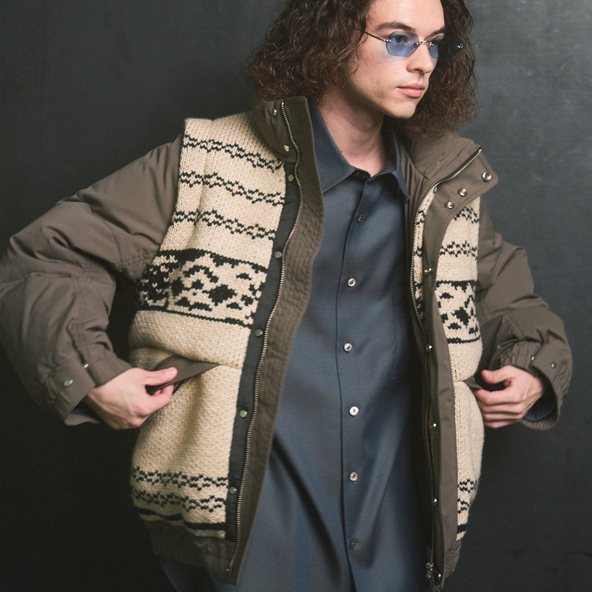 【極美品】45R 縮絨ニットのPラップジャケット F ブラック ウール Knit-switched Prime-Over Down Jacket