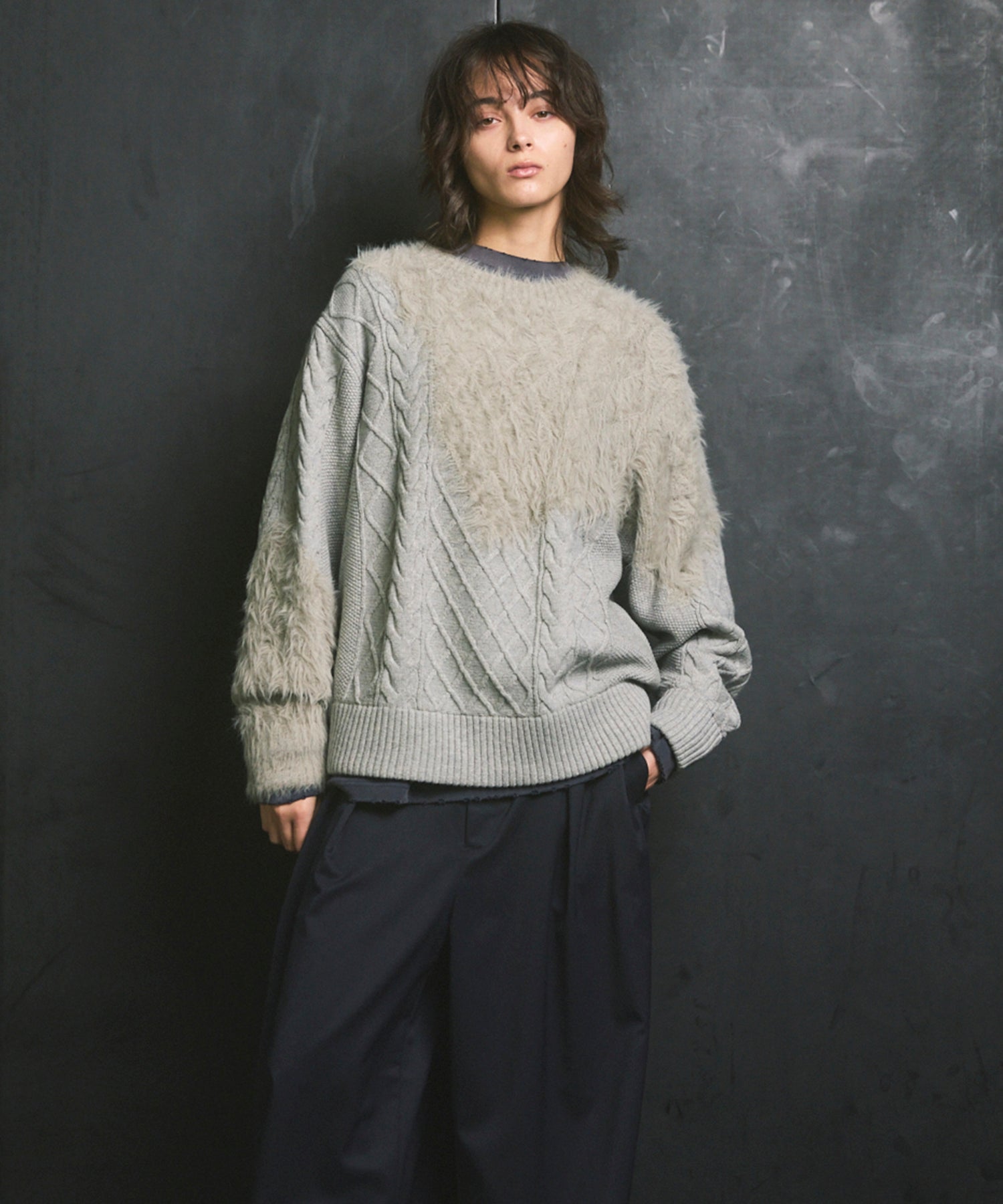 [25AW PRE-ORDER] Cable Shaggy Mix Prime-Over Crew Neck Knit Pullover