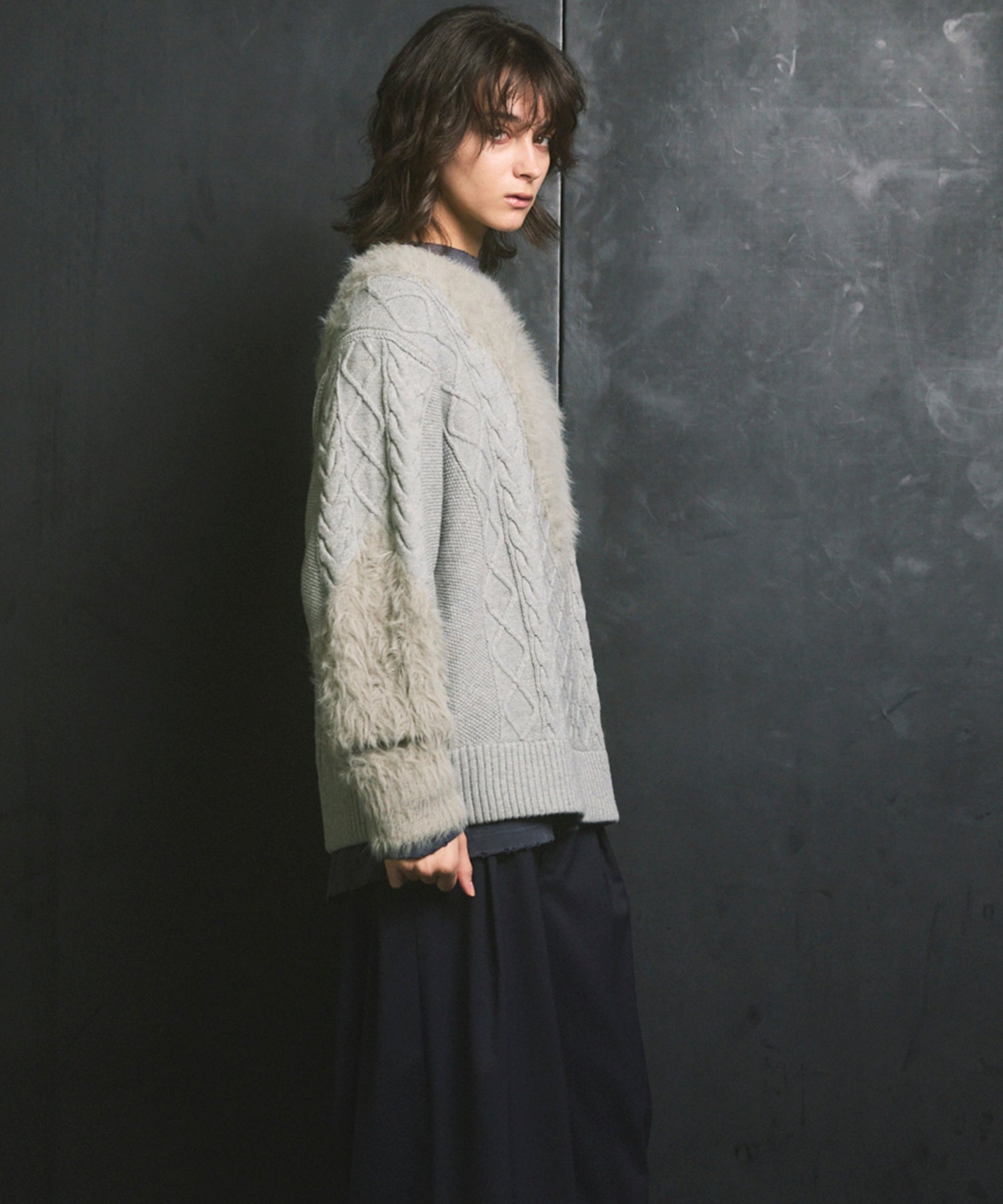 [25AW PRE-ORDER] Cable Shaggy Mix Prime-Over Crew Neck Knit Pullover