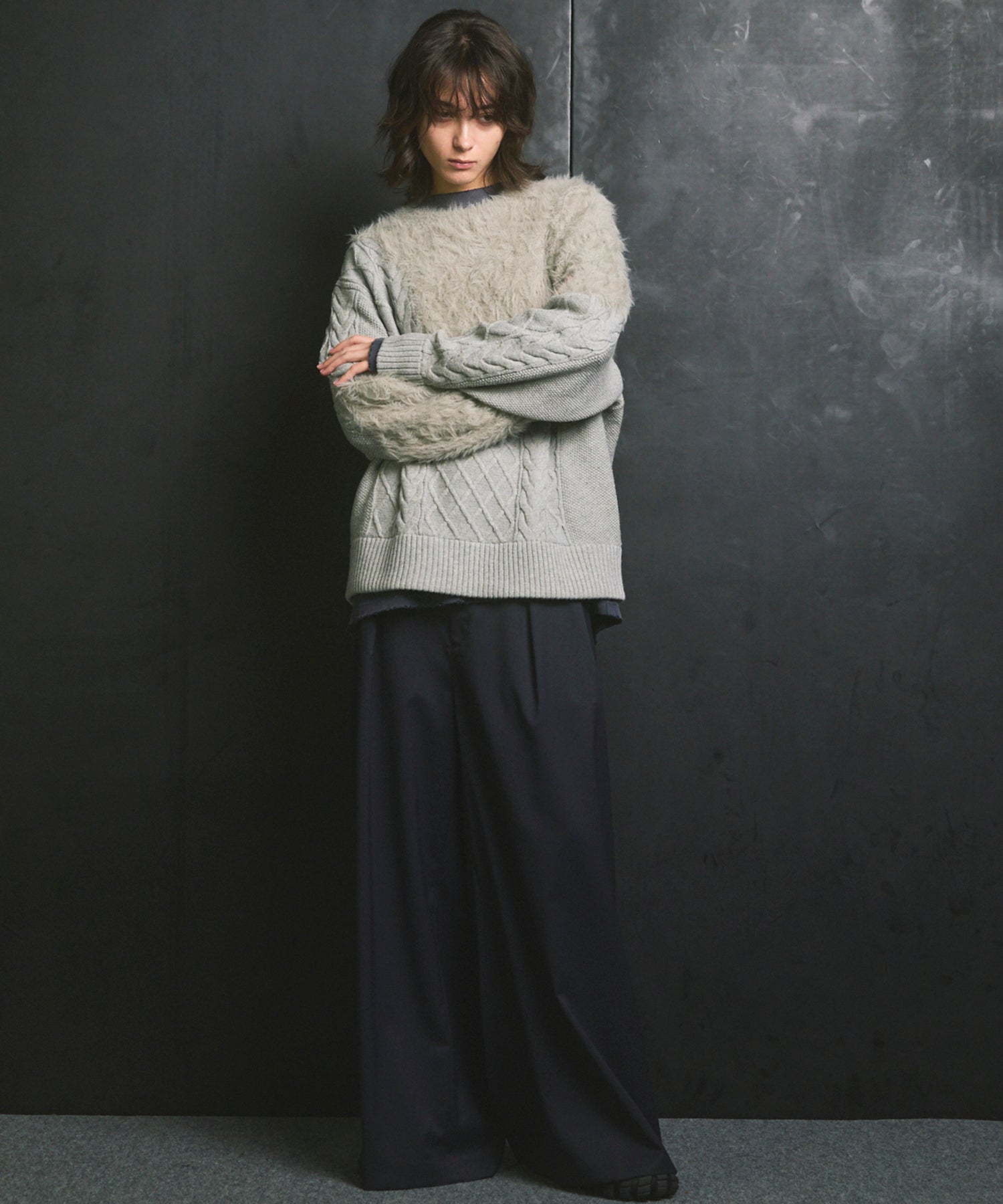 [25AW PRE-ORDER] Cable Shaggy Mix Prime-Over Crew Neck Knit Pullover