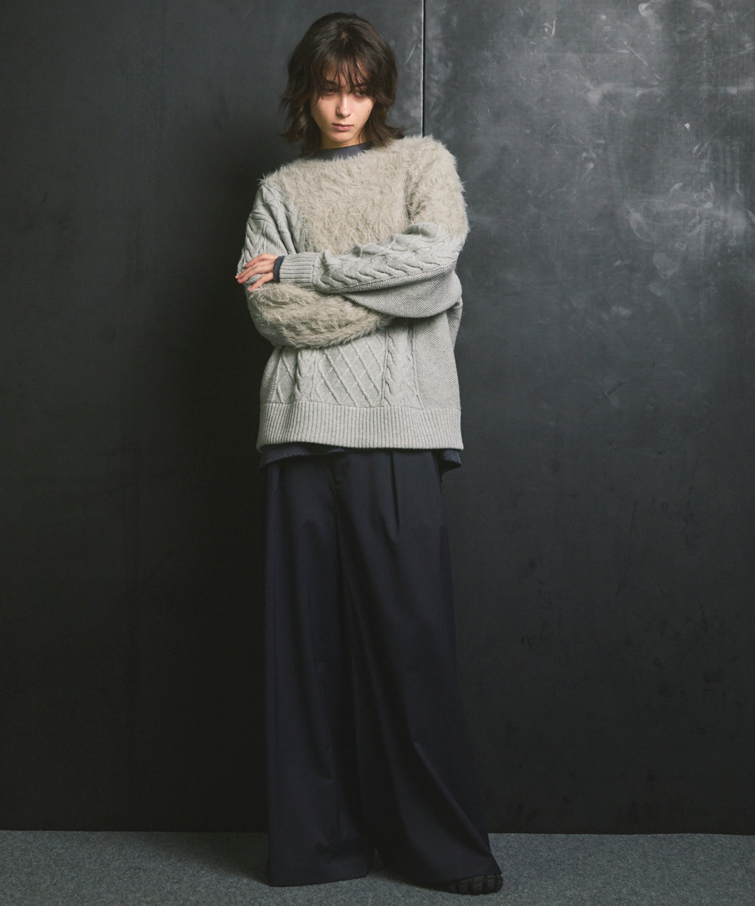 羊毛混合光滑的宽宽松裤子