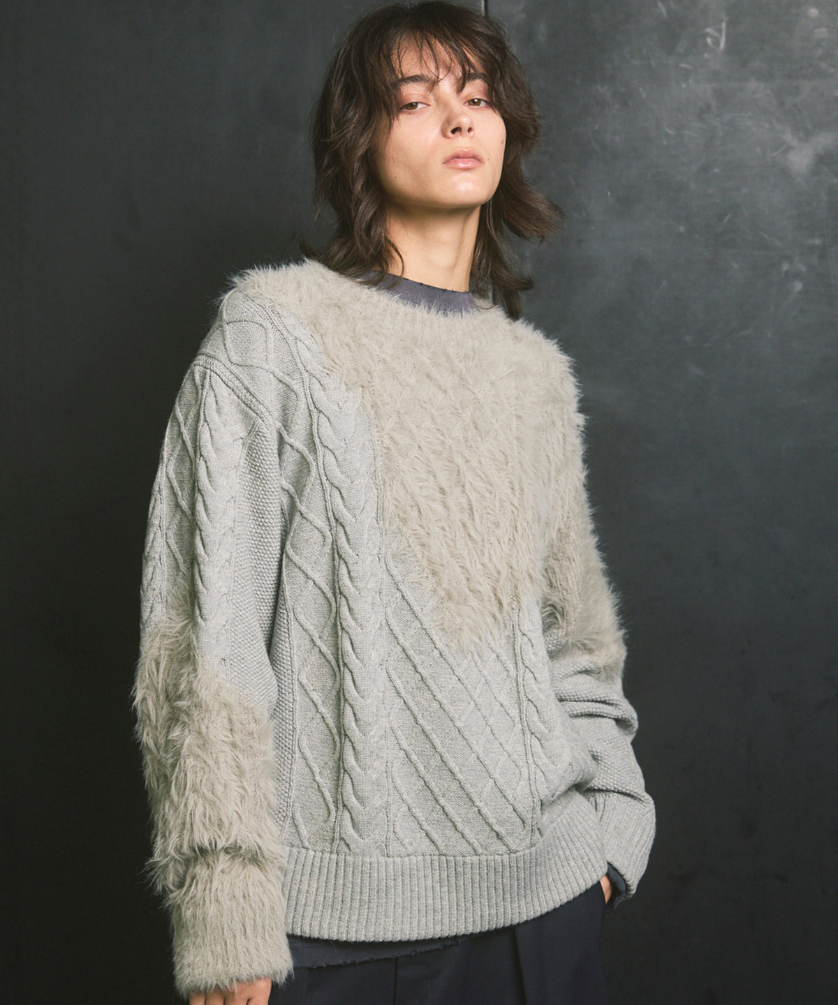 Cable Shaggy Mix Prime-Over Crew Neck Knit Pullover