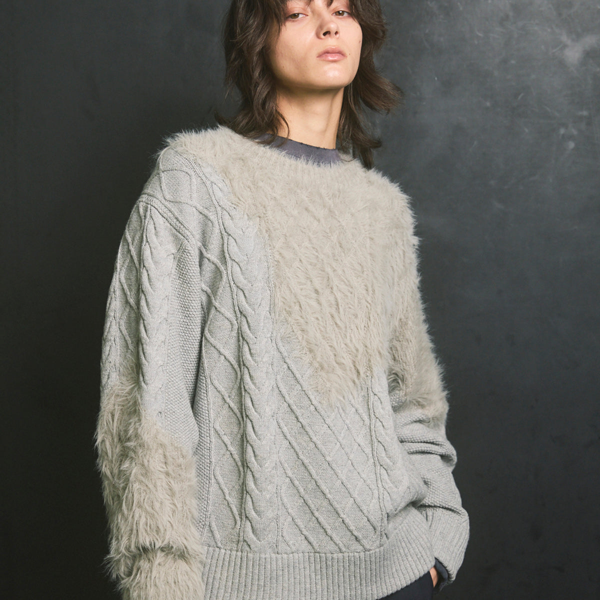 ケーブルシャギーミックスニット　メゾンスペシャル　グレー　サイズ0 Cable Shaggy Mix Prime-Over Crew Neck Knit Pullover