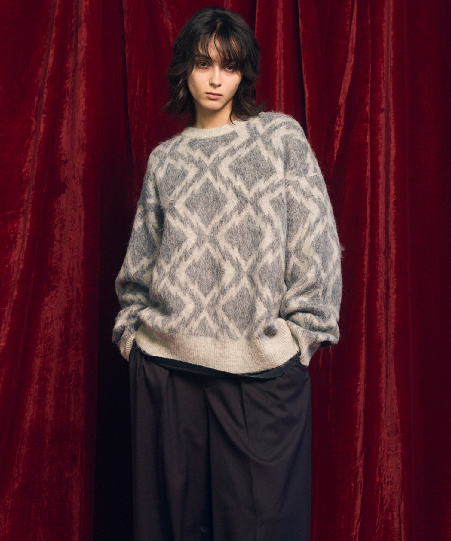 [25AW PRE-ORDER] Diamond Geometric Pattern Prime-Over Crew Neck Mohair Shaggy Knit Pullover