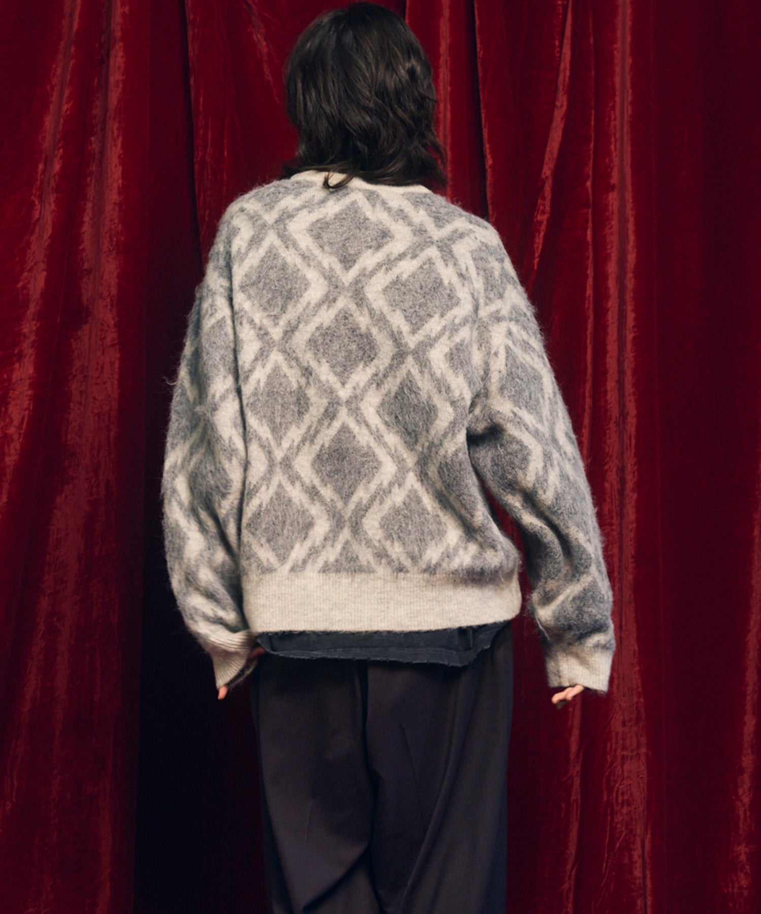 [25AW PRE-ORDER] Diamond Geometric Pattern Prime-Over Crew Neck Mohair Shaggy Knit Pullover