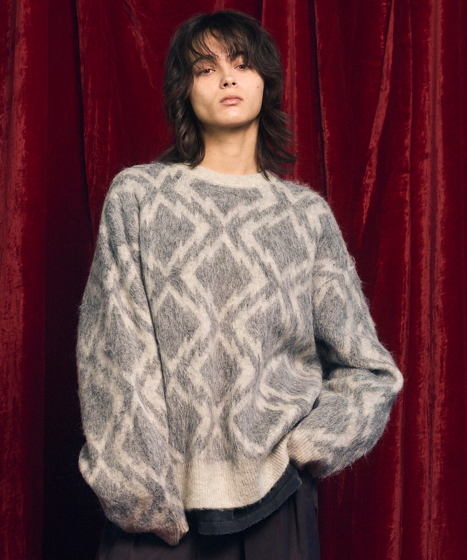[25AW PRE-ORDER] Diamond Geometric Pattern Prime-Over Crew Neck Mohair Shaggy Knit Pullover