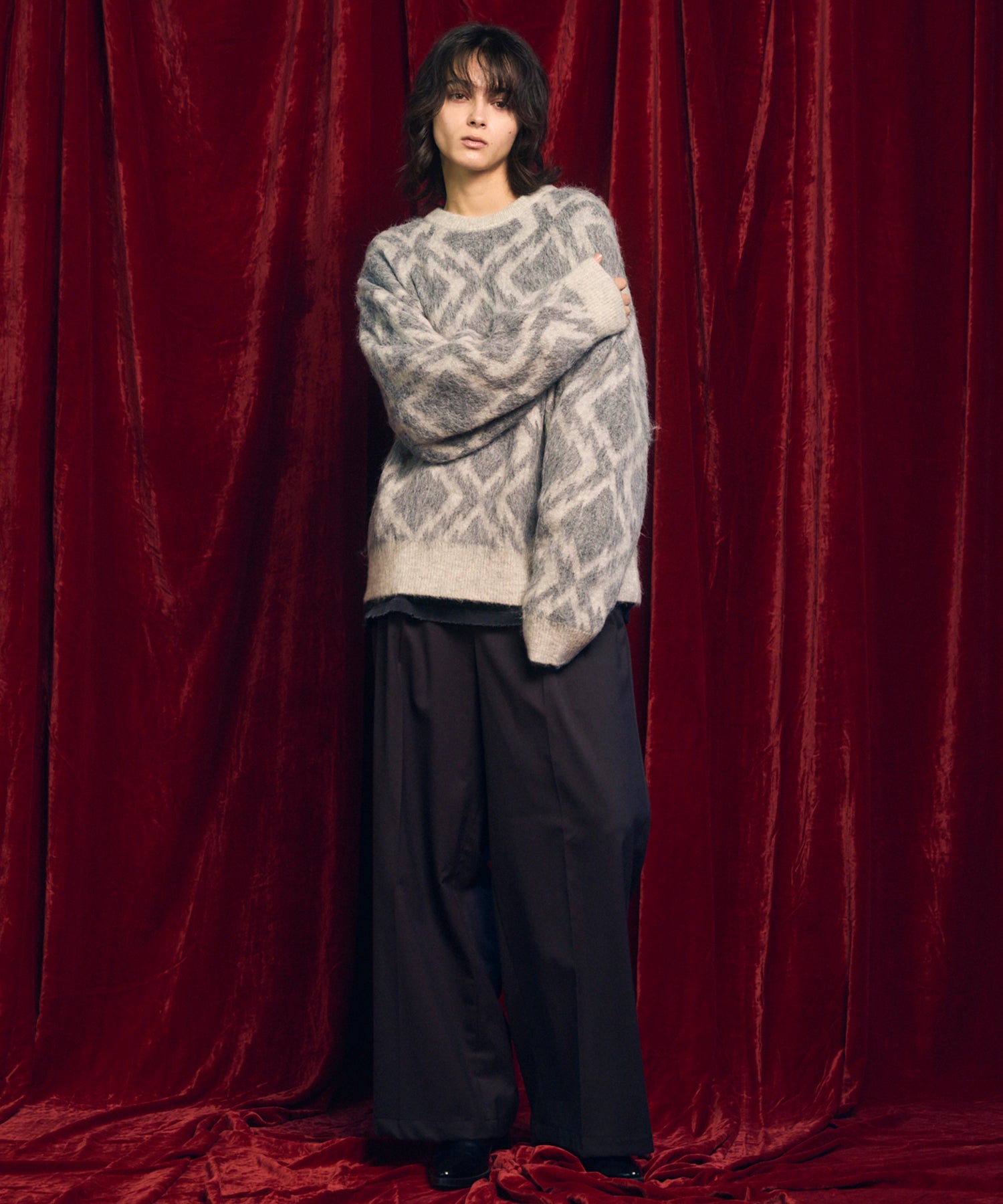[25AW PRE-ORDER] Diamond Geometric Pattern Prime-Over Crew Neck Mohair Shaggy Knit Pullover