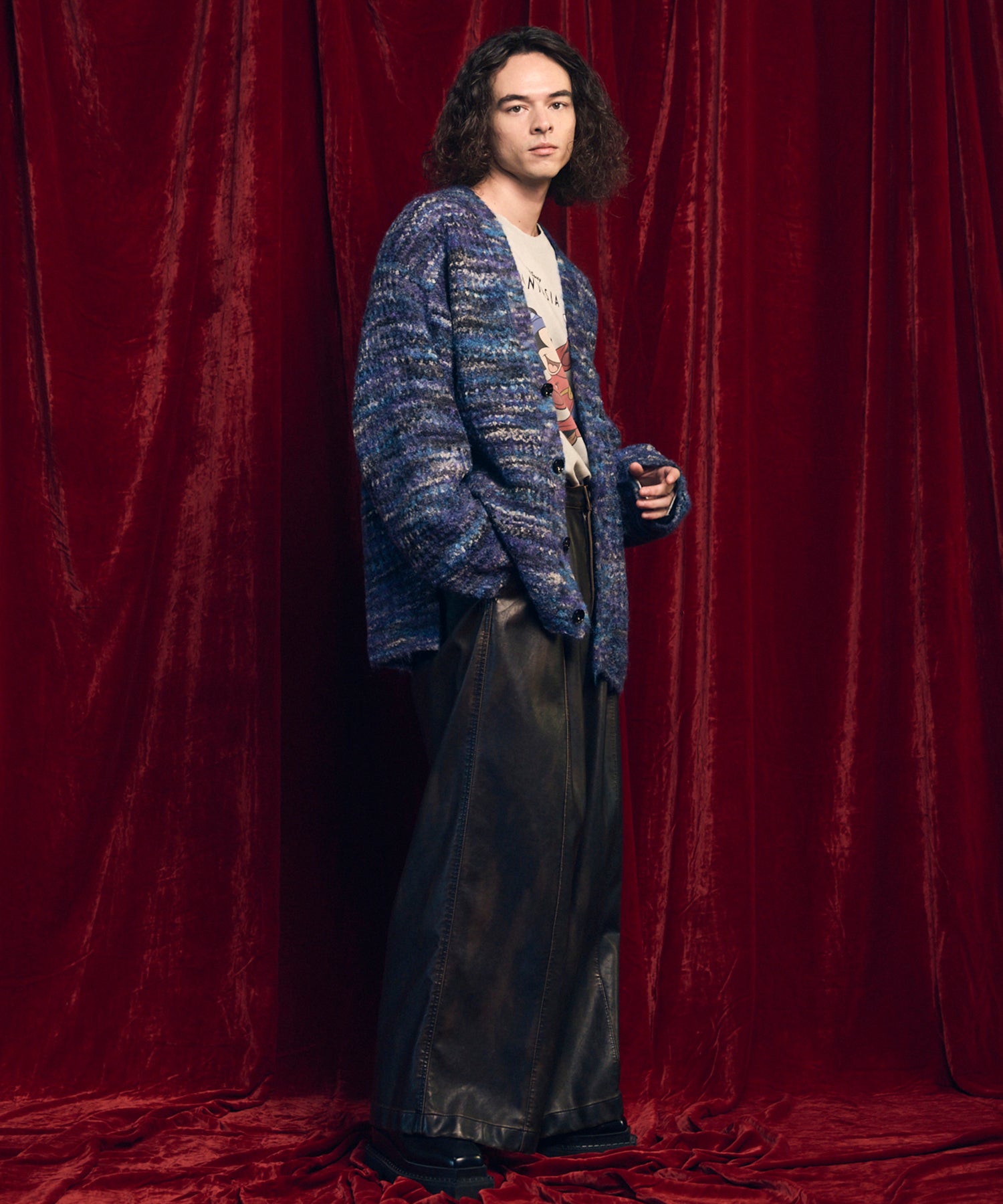 인공 가죽 핀 턱 넓은 바지