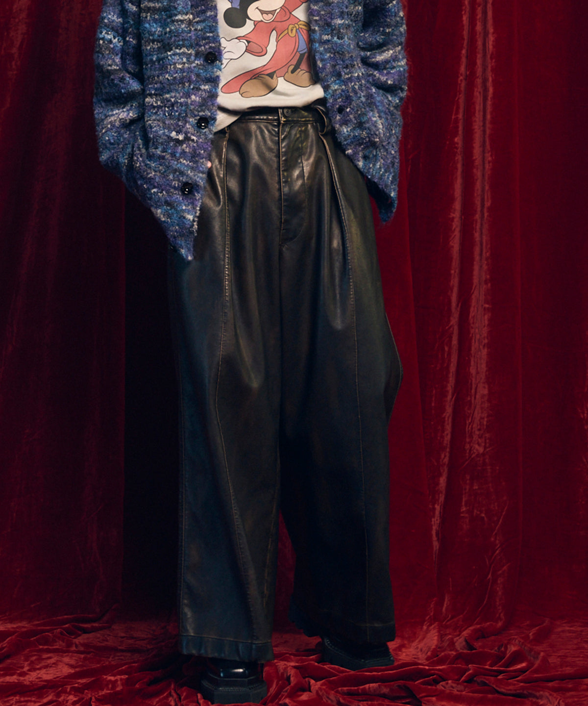 Artificial Leather Pin-Tuck Wide Pants