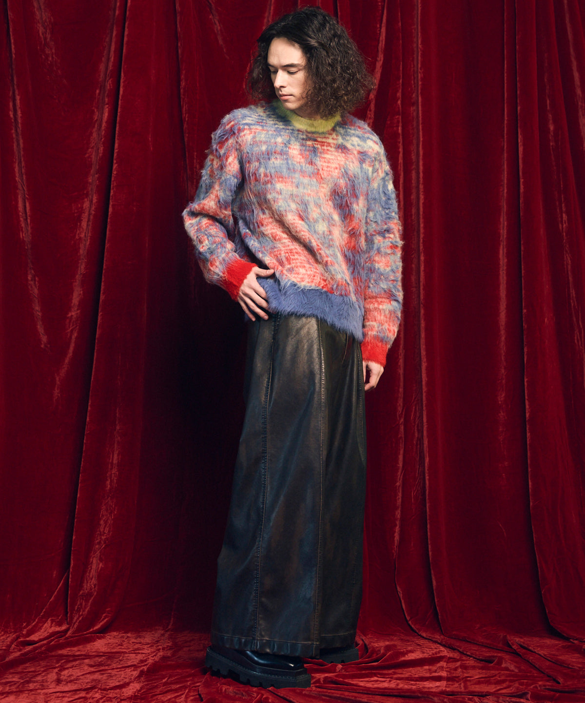 7G Shaggy Jacquard Prime-Over Crew Neck Knit Pullover