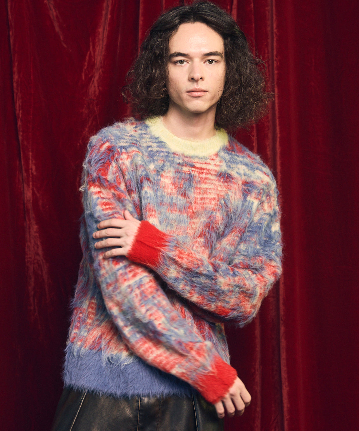 7G Shaggy Jacquard Prime-Over Crew Neck Knit Pullover