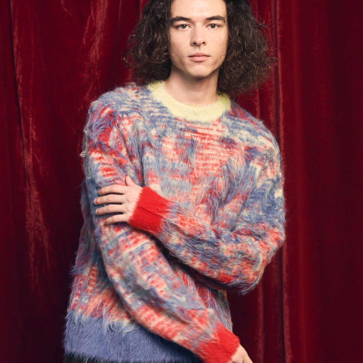 7G Shaggy Jacquard Prime-Over Crew Neck Knit Pullover