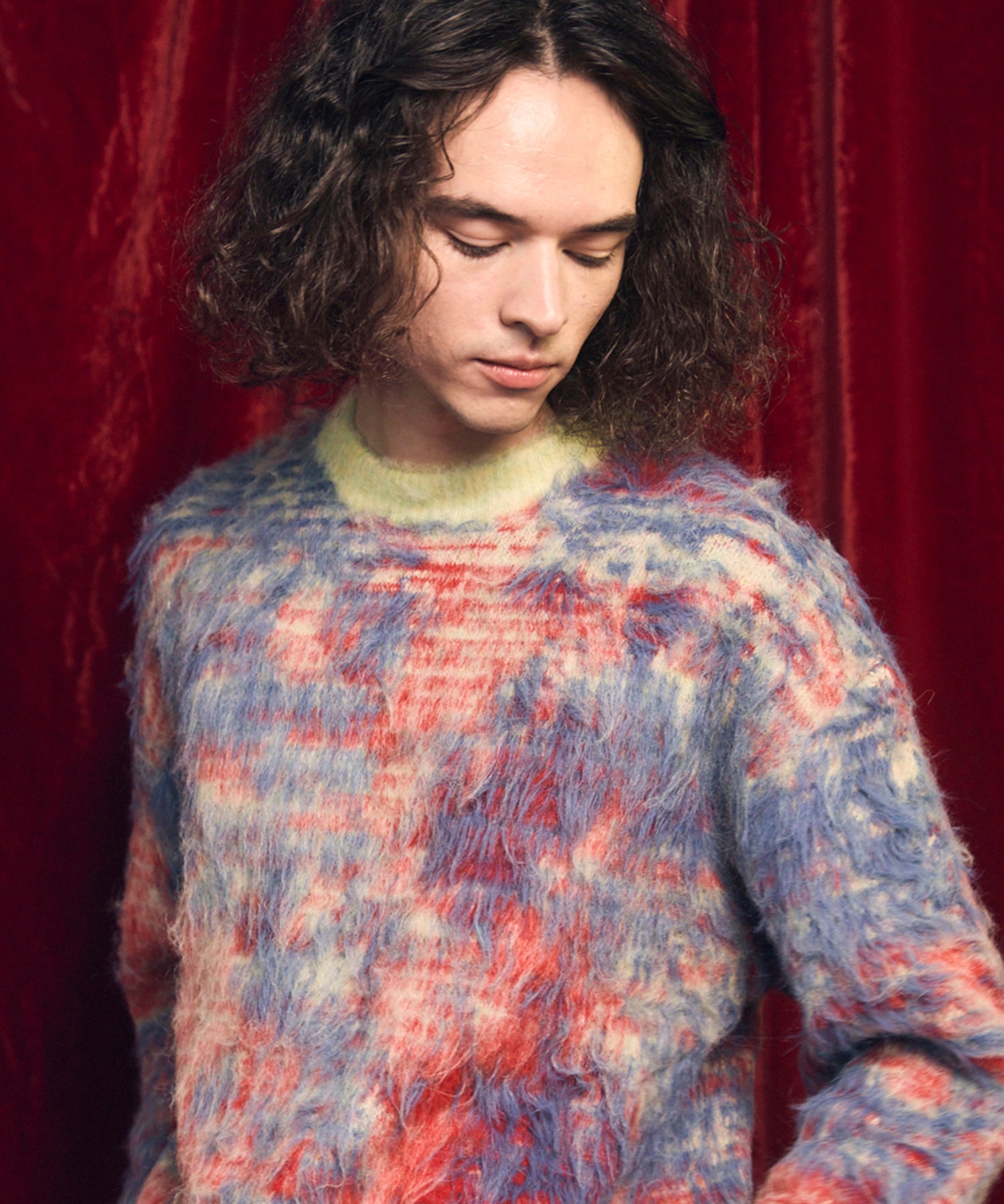 7G Shaggy Jacquard Prime-Over Crew Neck Knit Pullover