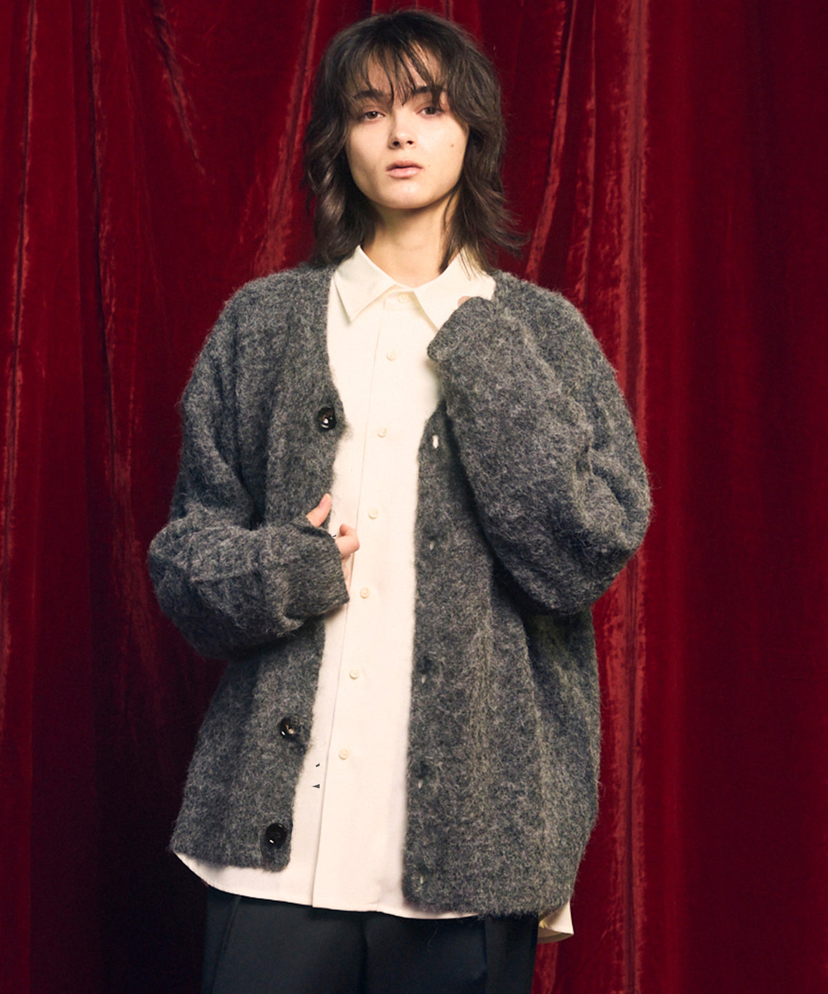 Prime-Over Shaggy Knit Y-neck Cardigan