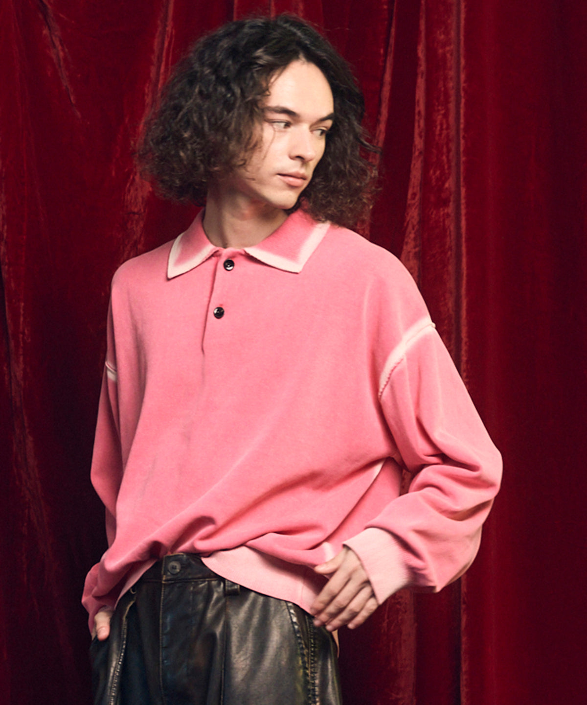 High Twist Pigment Bleach Prime-Over Long Sleeve Knit Polo Shirt