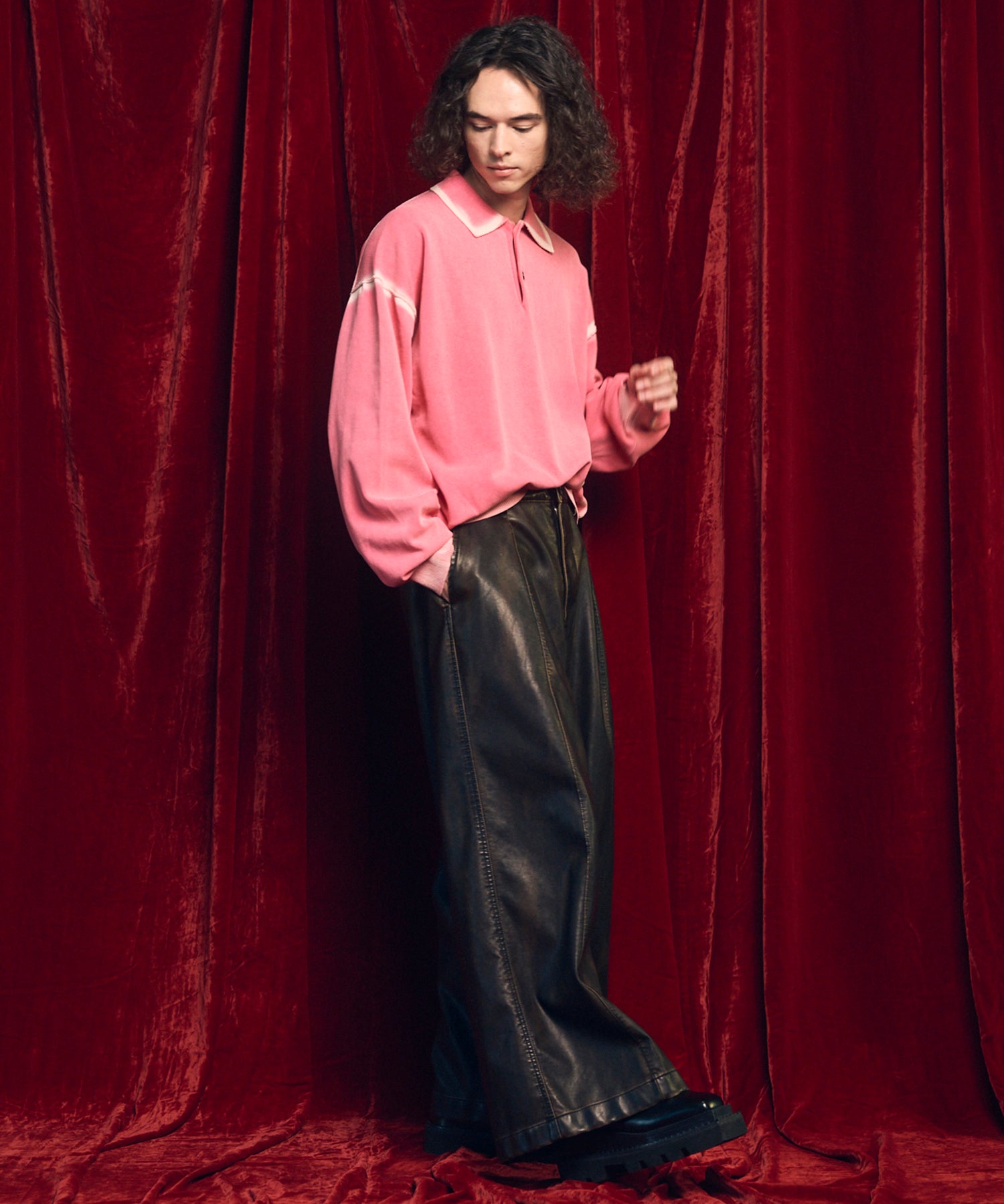 High Twist Pigment Bleach Prime-Over Long Sleeve Knit Polo Shirt