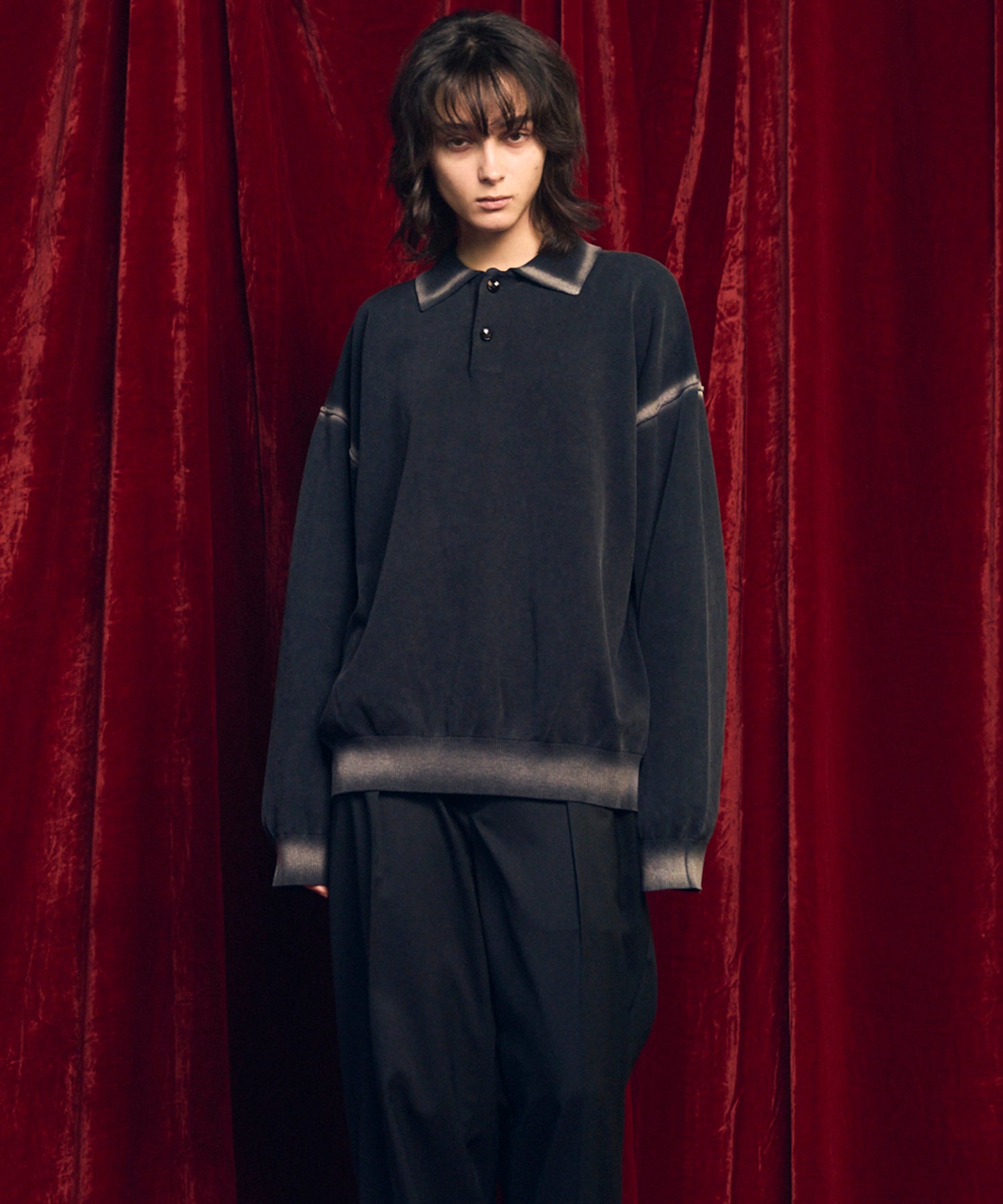 High Twist Pigment Bleach Prime-Over Long Sleeve Knit Polo Shirt